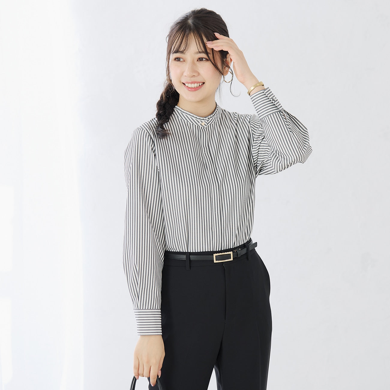 Form-stable Ruffle Stripe Shirt - Gray_01