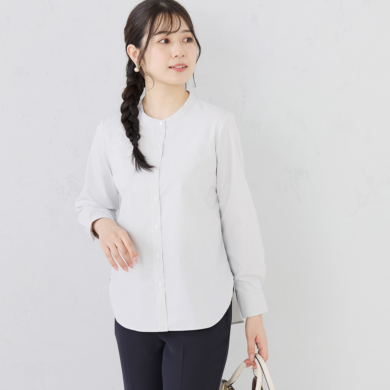 Band Collar Stripe Shirt - Beige_01