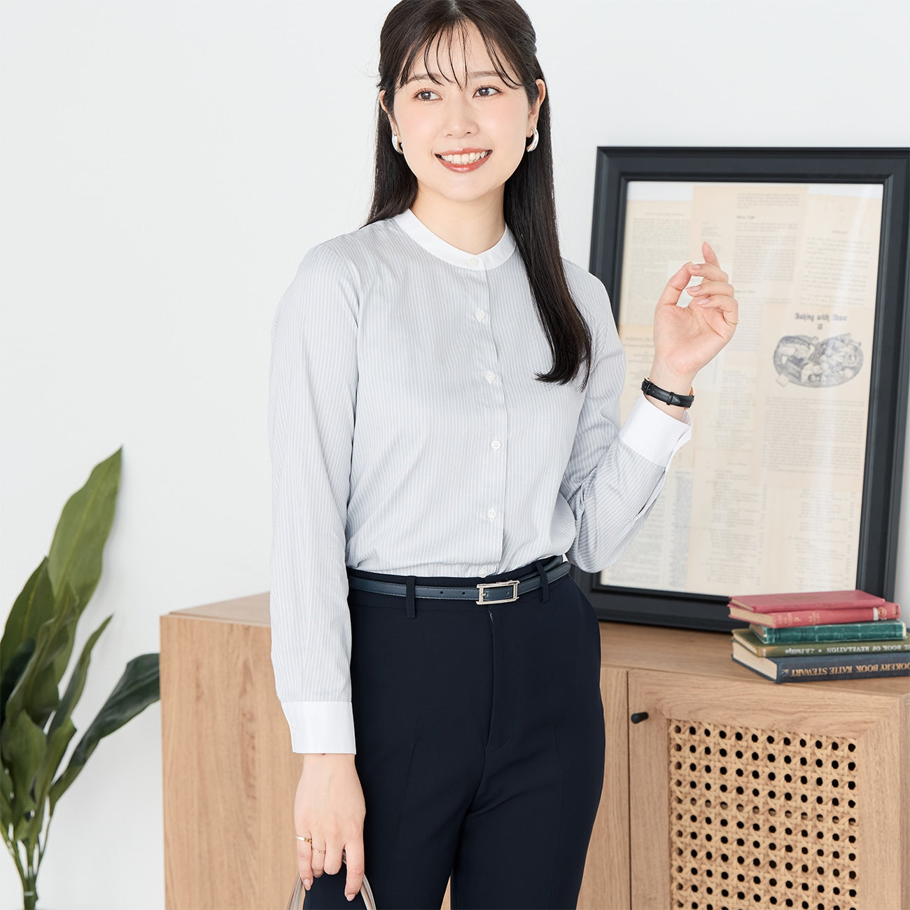 对比色带领条纹衬衫 -灰