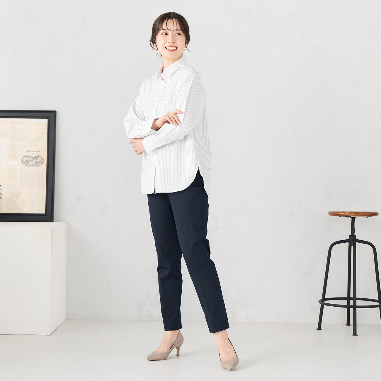 女式点数 领条纹衬衫 - White_05