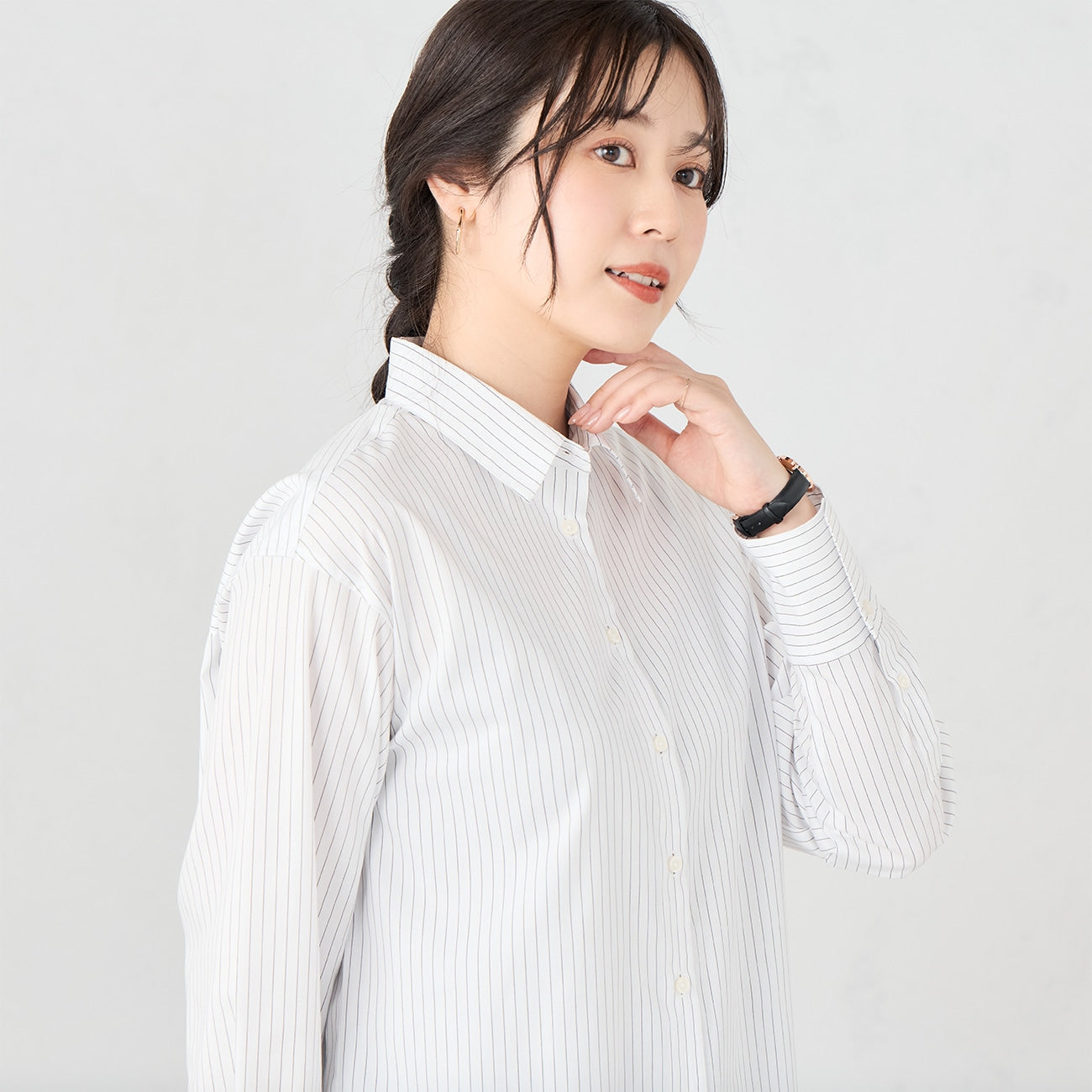 女式点数 领条纹衬衫 - White_06