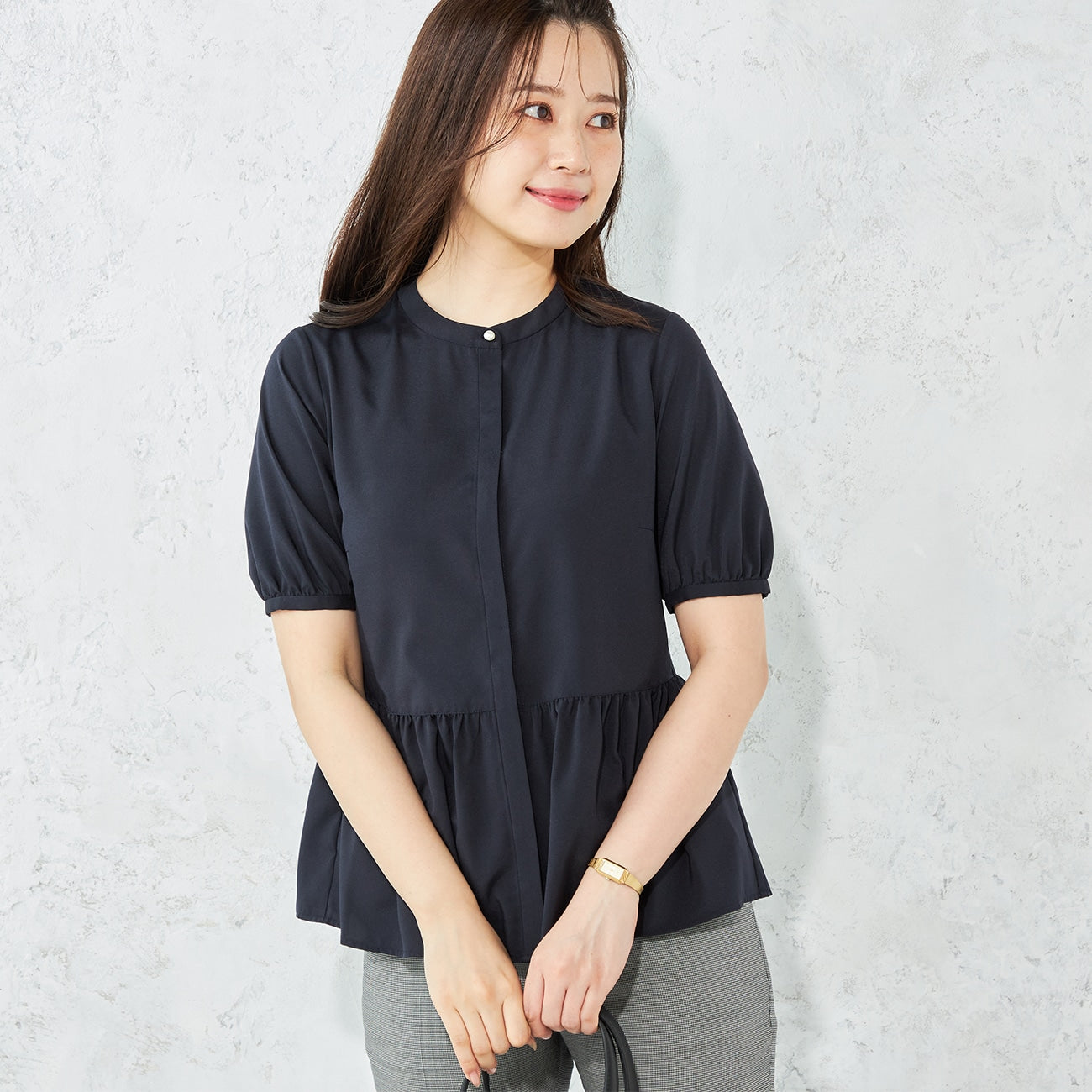 Airy Peplum Shirt - Navy_01