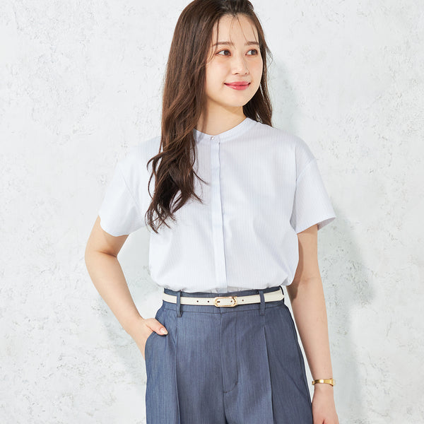 Cool Touch Short Sleeve Band Collar Shirt - Blue