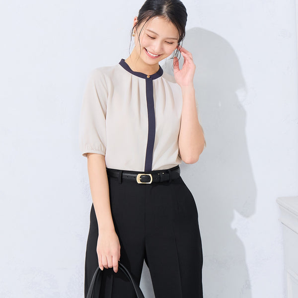 Contrast Color Short Sleeve Band Collar Blouse [A37_626181] | AOKI