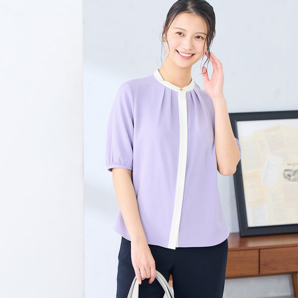 Contrast Color Short Sleeve Band Collar Blouse [A37_626181] | AOKI