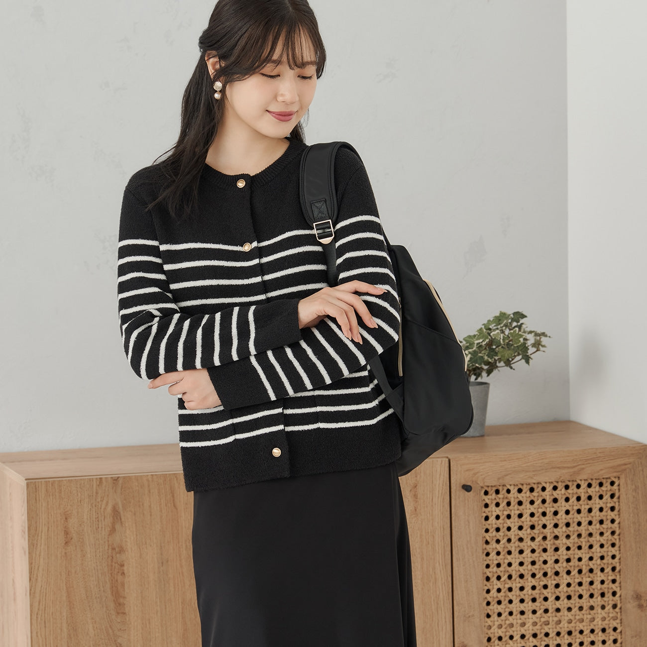 条纹针织外套 - 白色/黑色_01