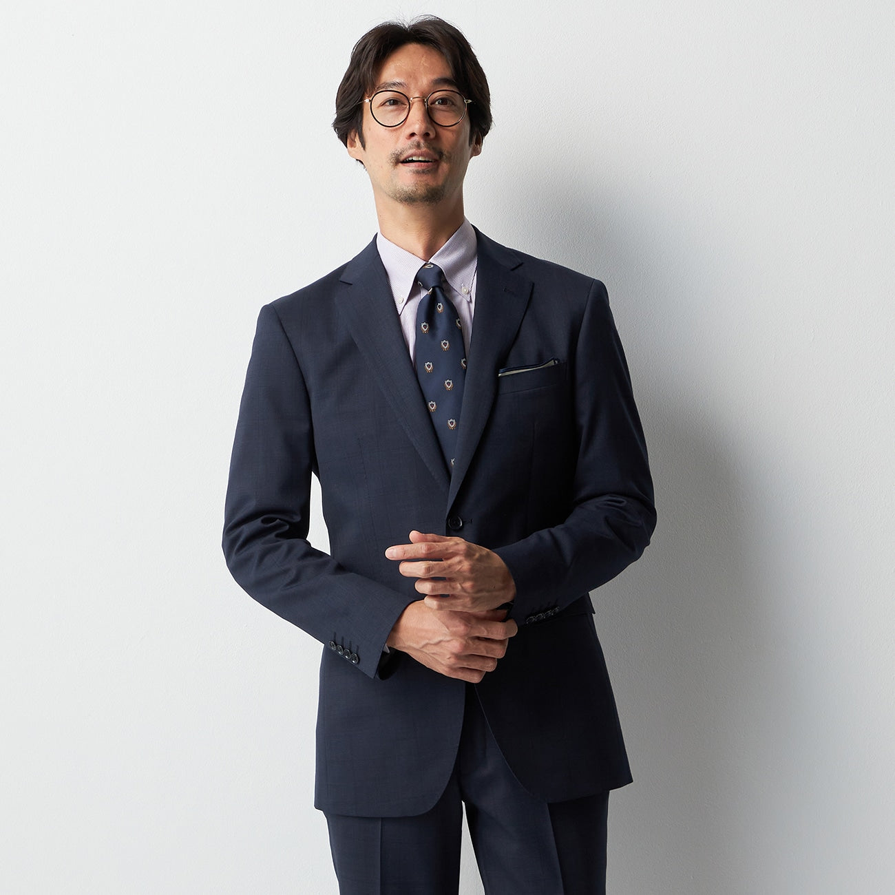 Wool Blend Windowpane Suit with Side Adjuster - Navy_16