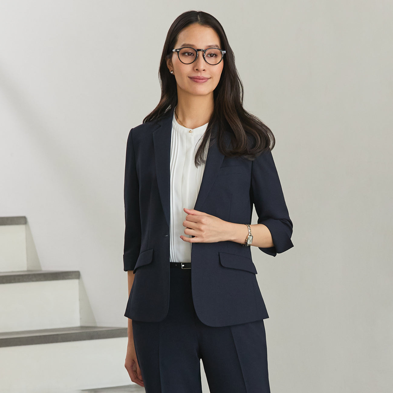 Shadow Check Three-quarter Sleeve Jacket - Navy_20