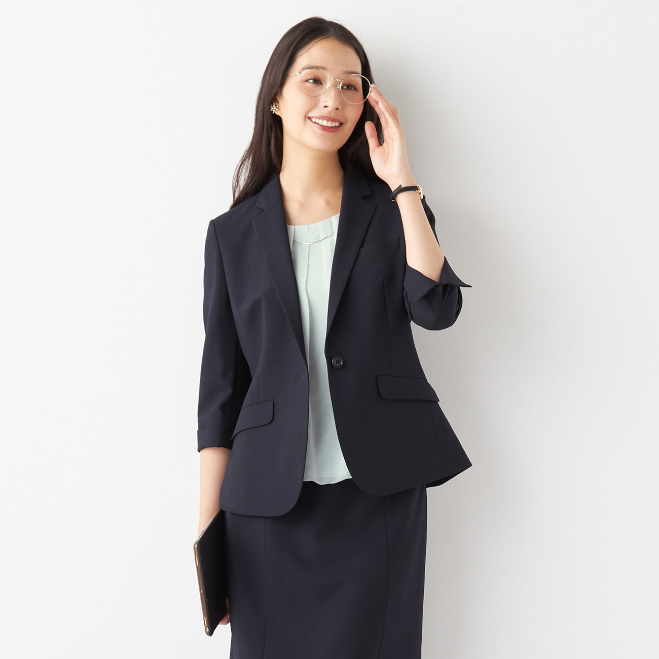 Shadow Check Three-quarter Sleeve Jacket - Navy_21