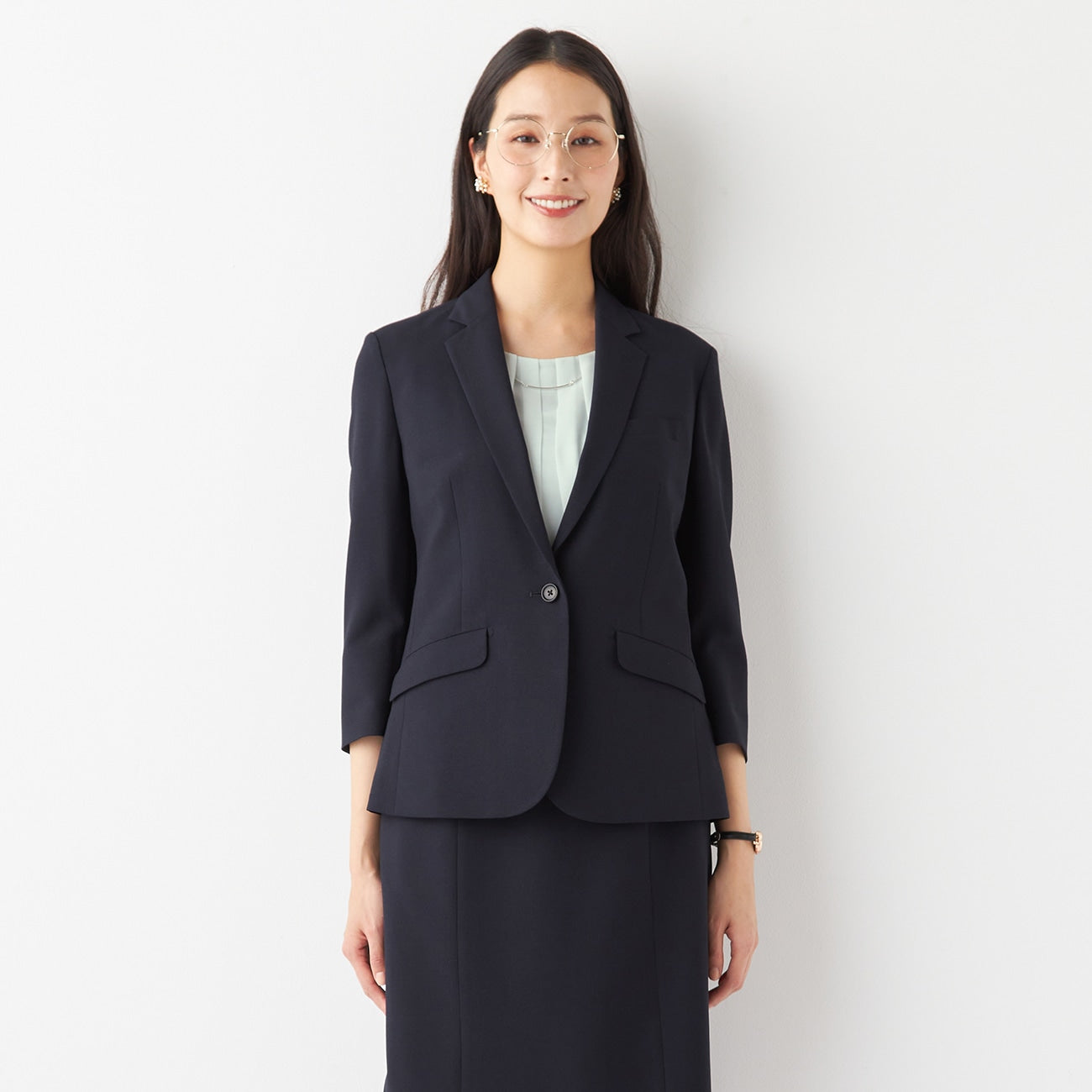 Shadow Check Three-quarter Sleeve Jacket - Navy_23