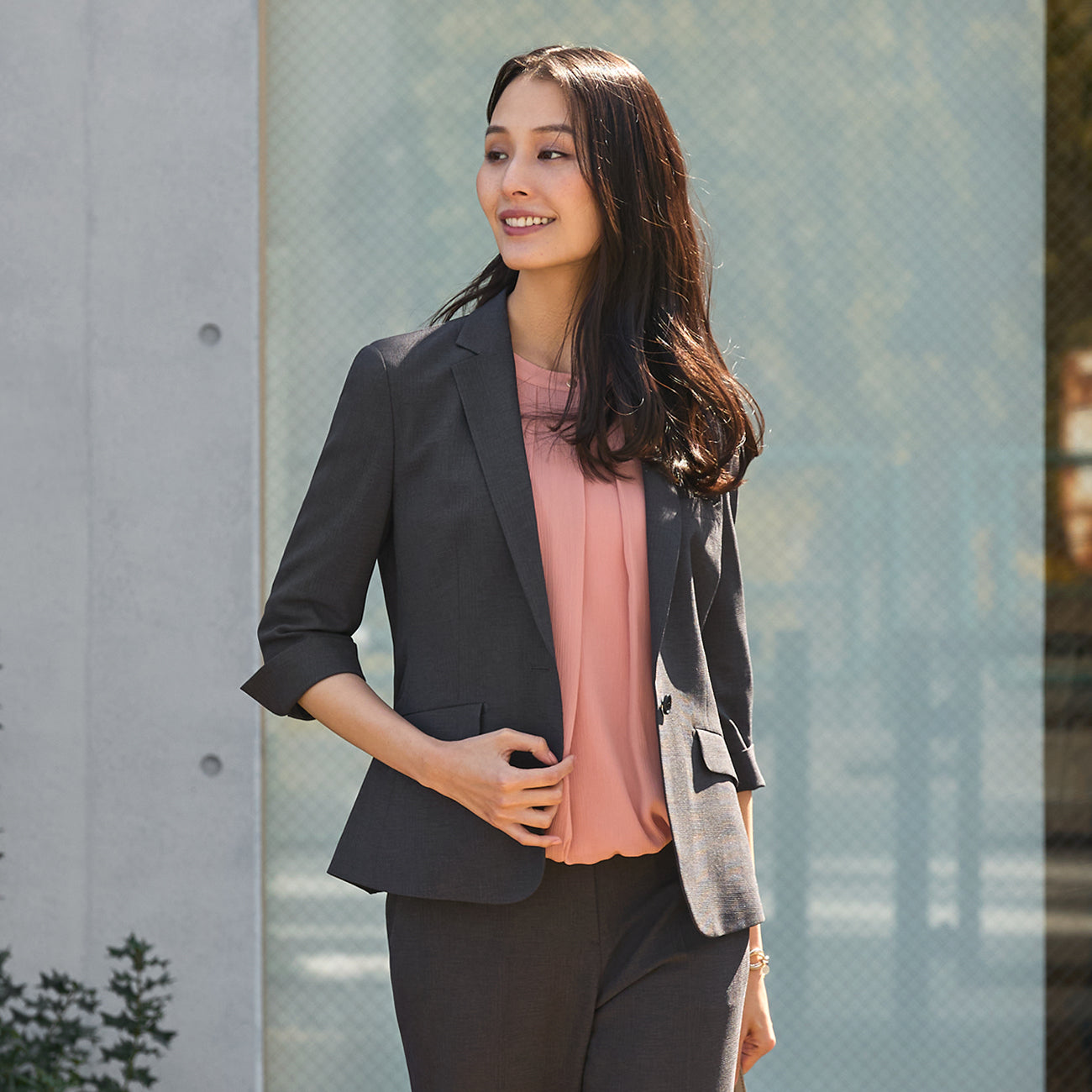 Shadow Check Three-quarter Sleeve Jacket - Charcoal Gray_21