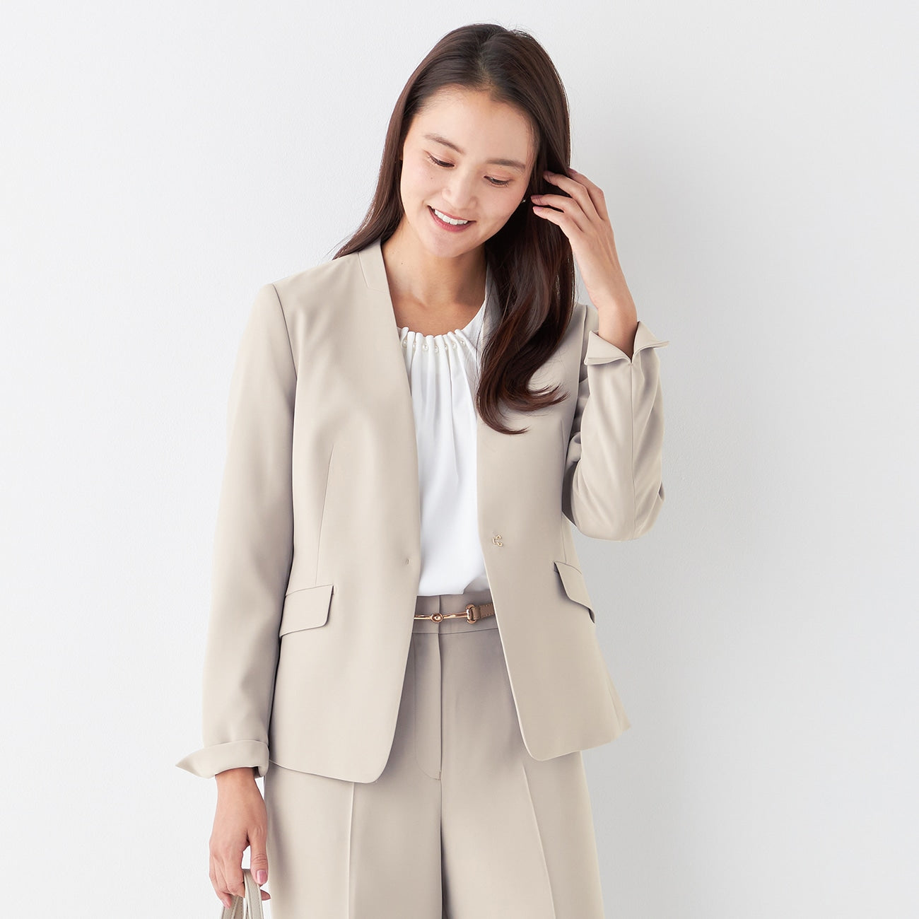 THE THIRD SUITS Double Cloth Collarless Jacket - Beige_26