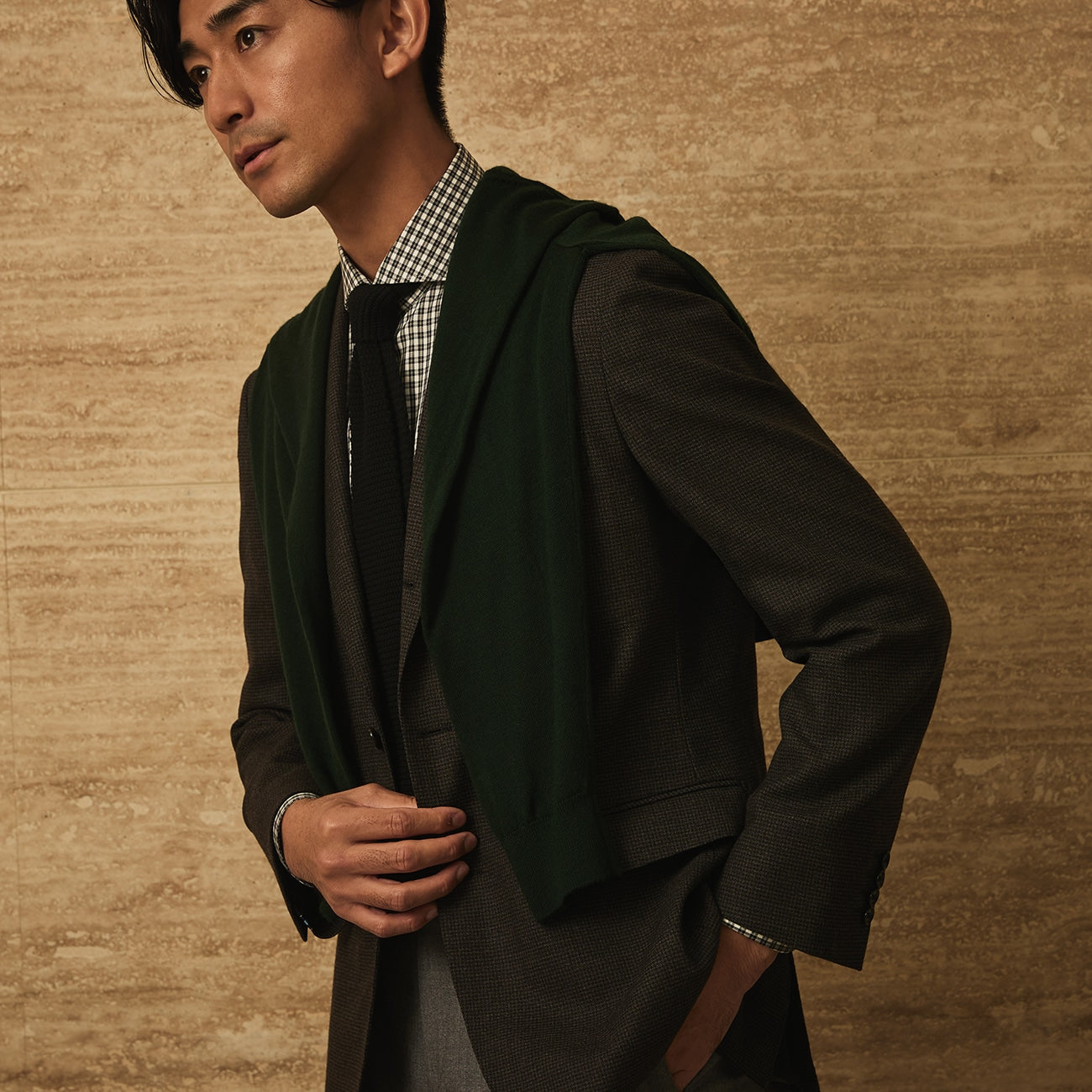 Houndstooth Milled Wool Matching Jacket - Brown_17