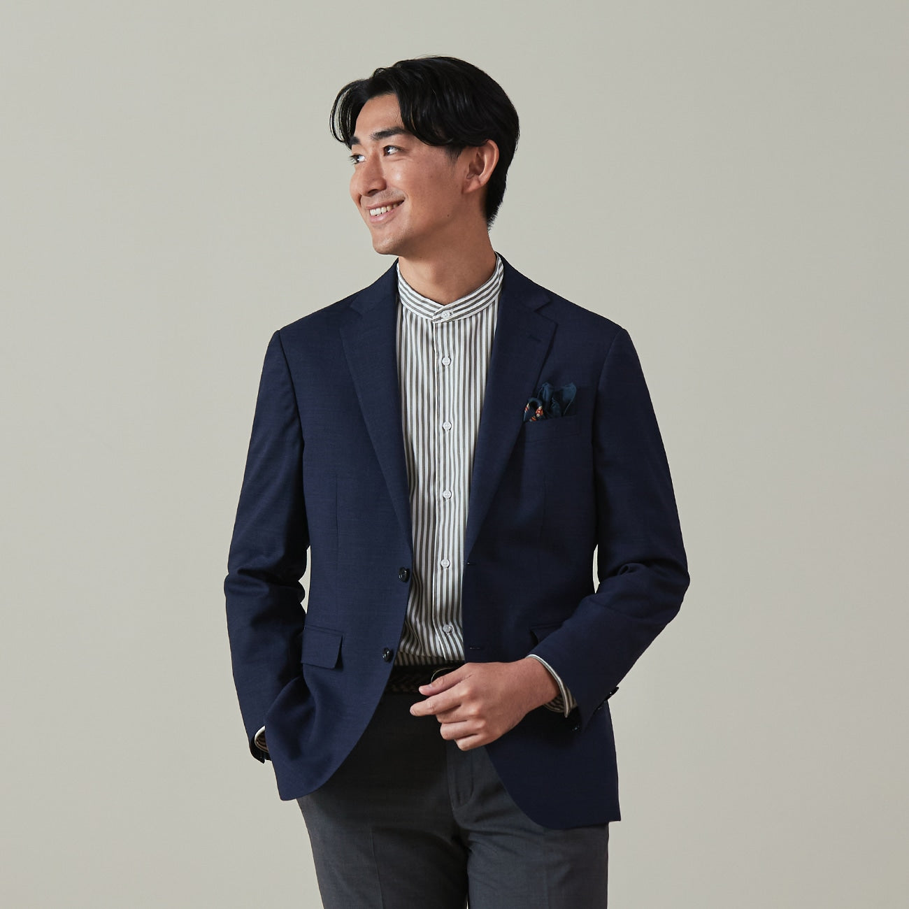 Wool Blend Plain Jacket - Navy_22