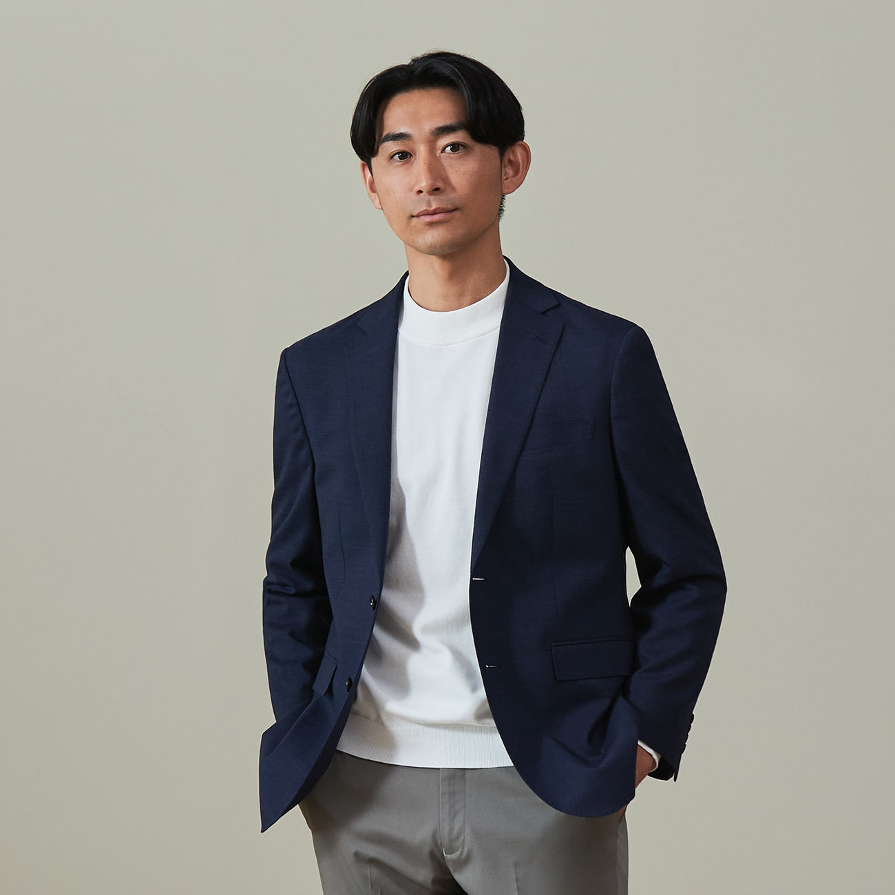 Wool Blend Plain Jacket - Navy_23