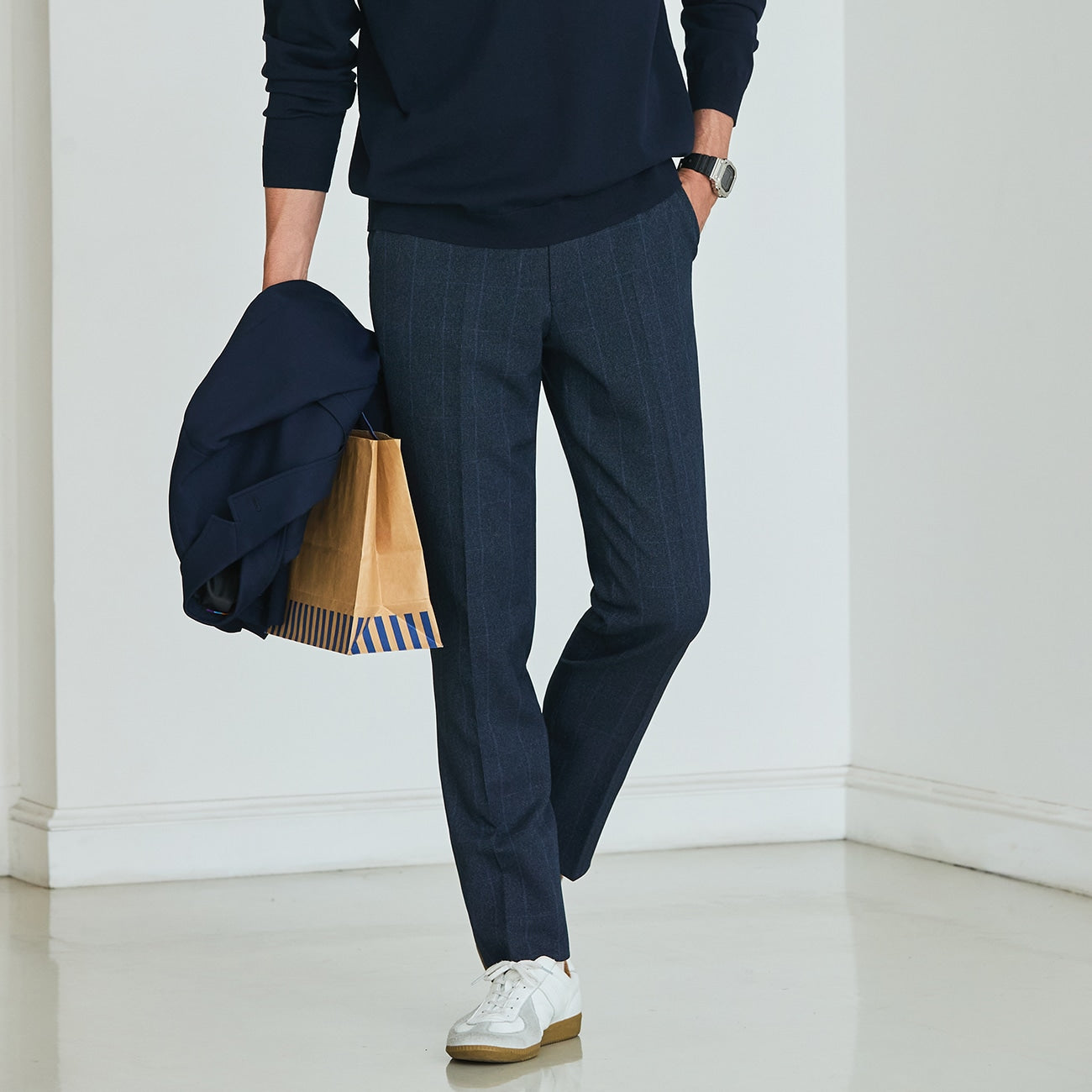 Water-Repellent Windowpane Pants - Navy_14