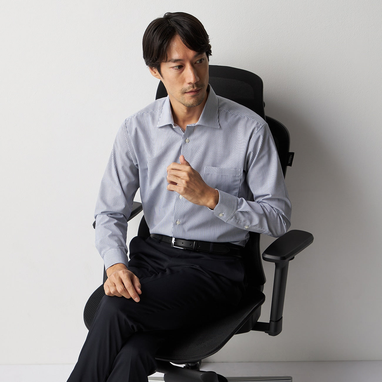 超級無縐開襟領細條紋襯衫 -深藍