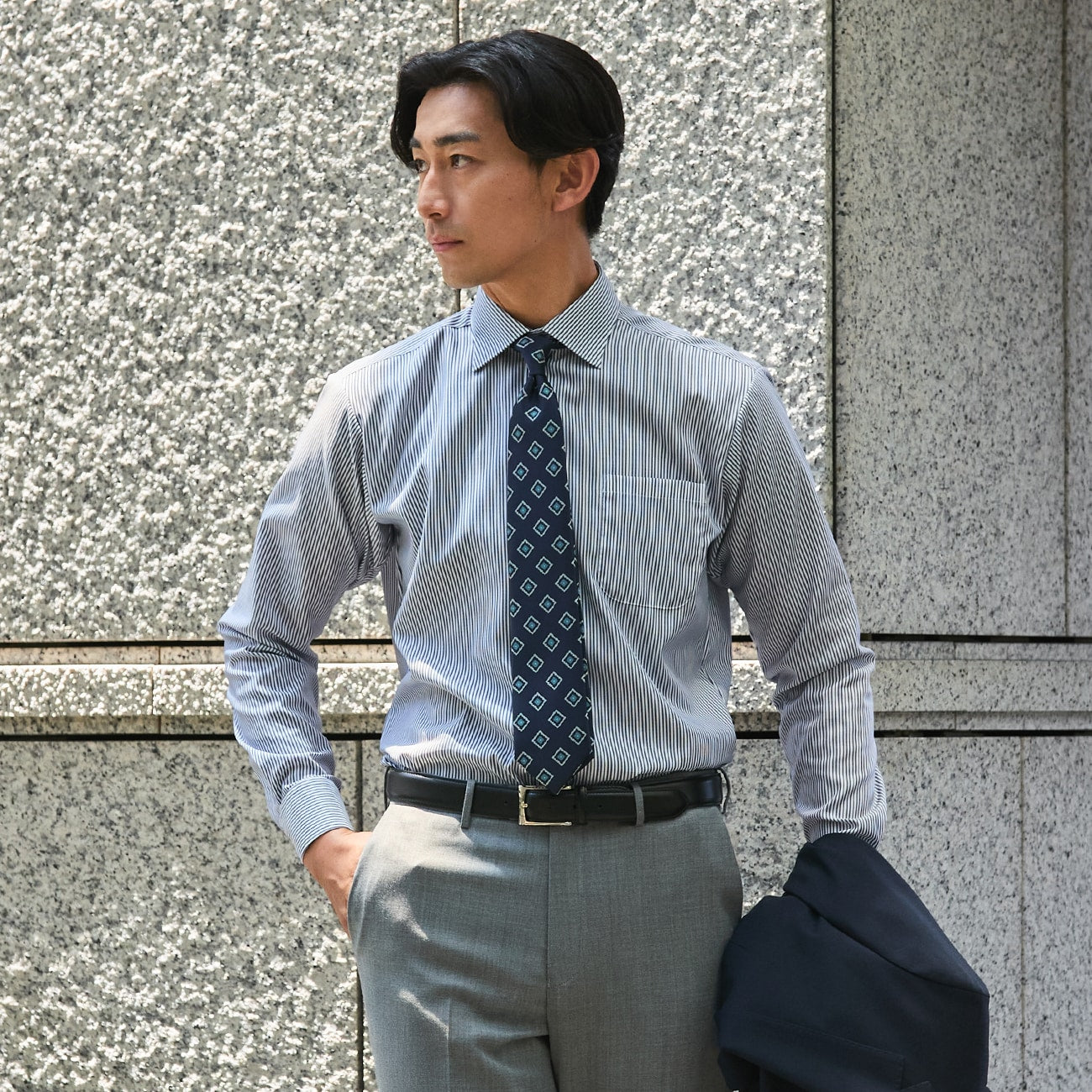 Super Non-Iron Cotton Spread Collar Stripe Shirt - Navy_08