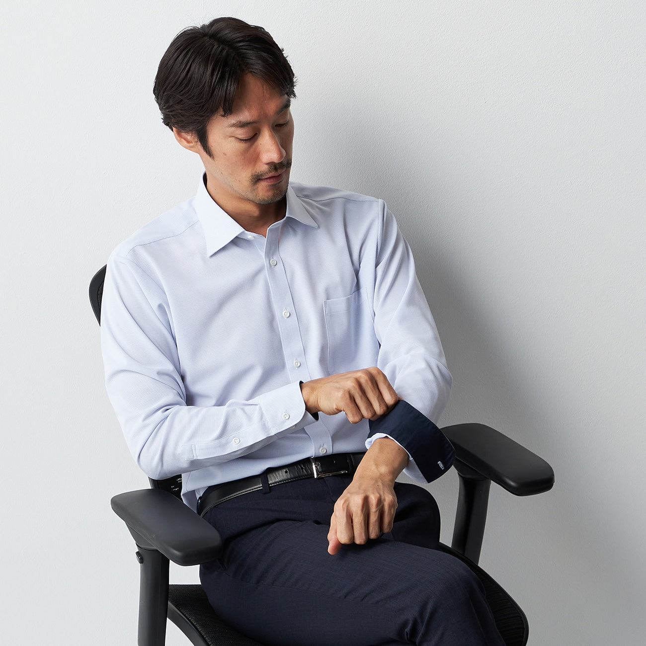 超級非熨斗彈性開襟領襯衫 - 藍色_07
