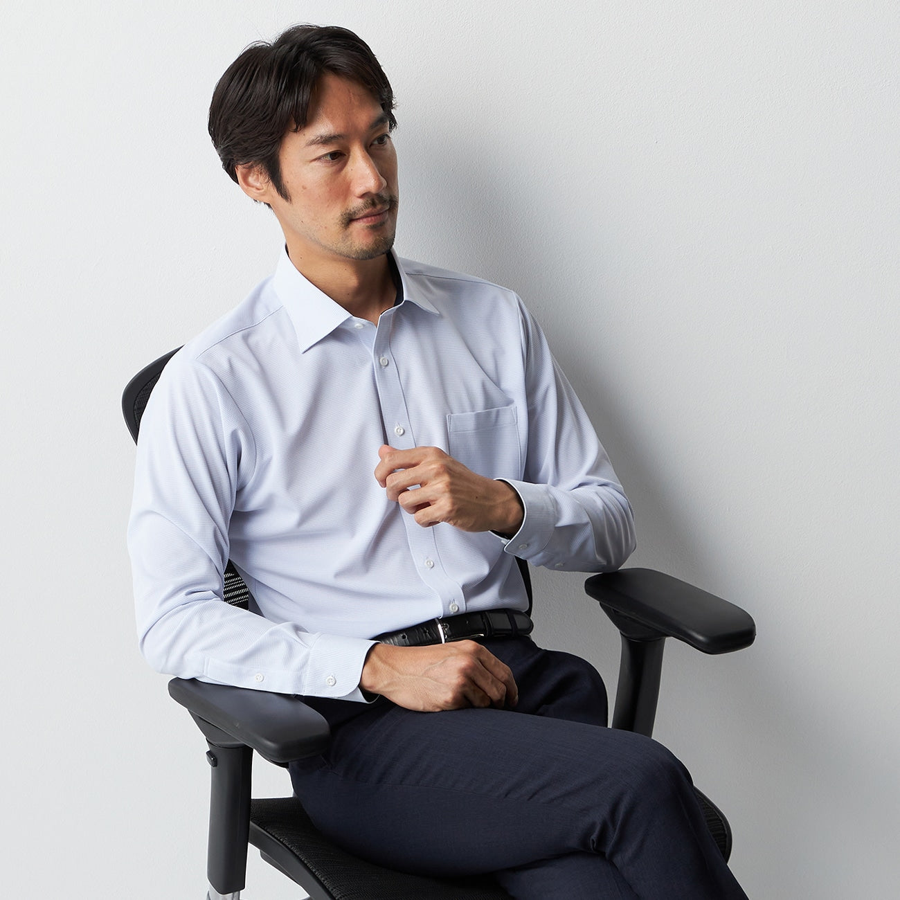 超級非熨斗彈性開襟領襯衫 - 藍色_08