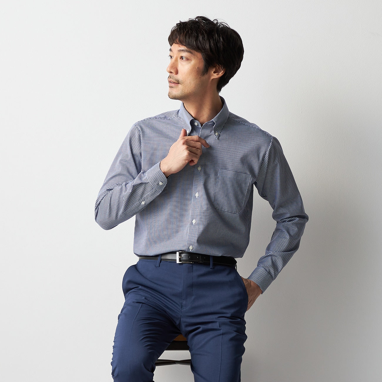 Super Cool免熨烫 钮扣领衬衫 Check Shirt -深蓝