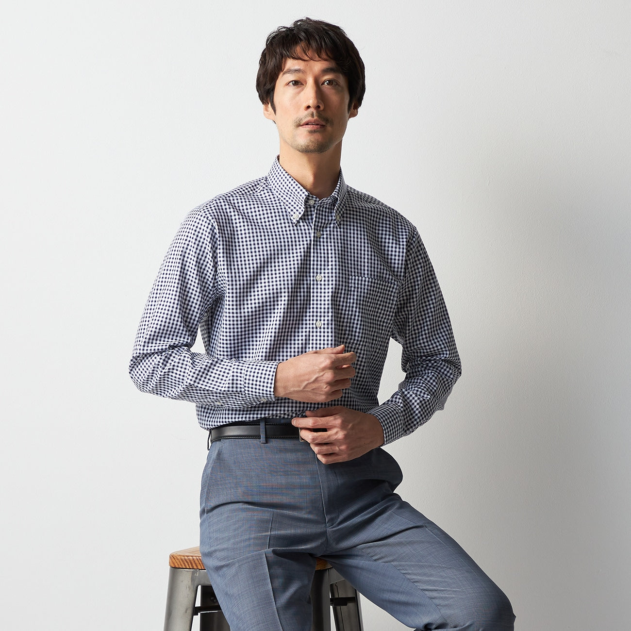Super Cool免熨烫 棉质钮扣领衬衫 格纹衬衫 -深蓝