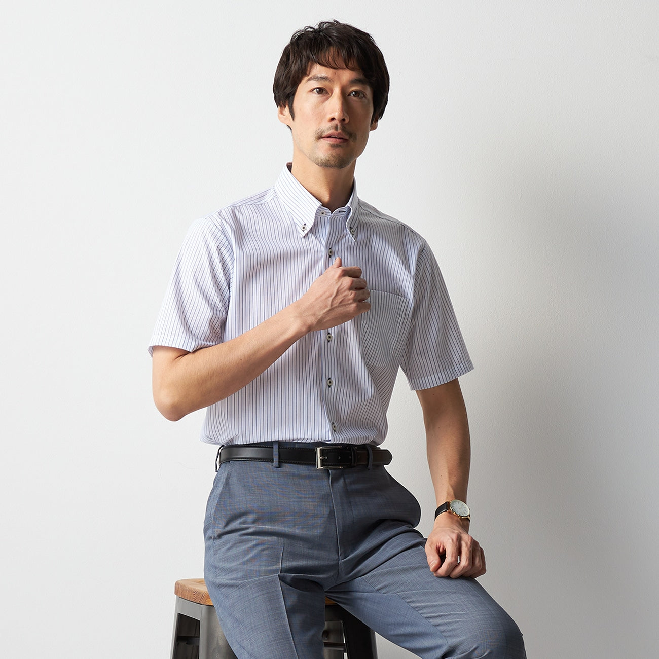 Super Cool Non-iron Button-down Short Sleeve Stripe Shirt - Blue_05
