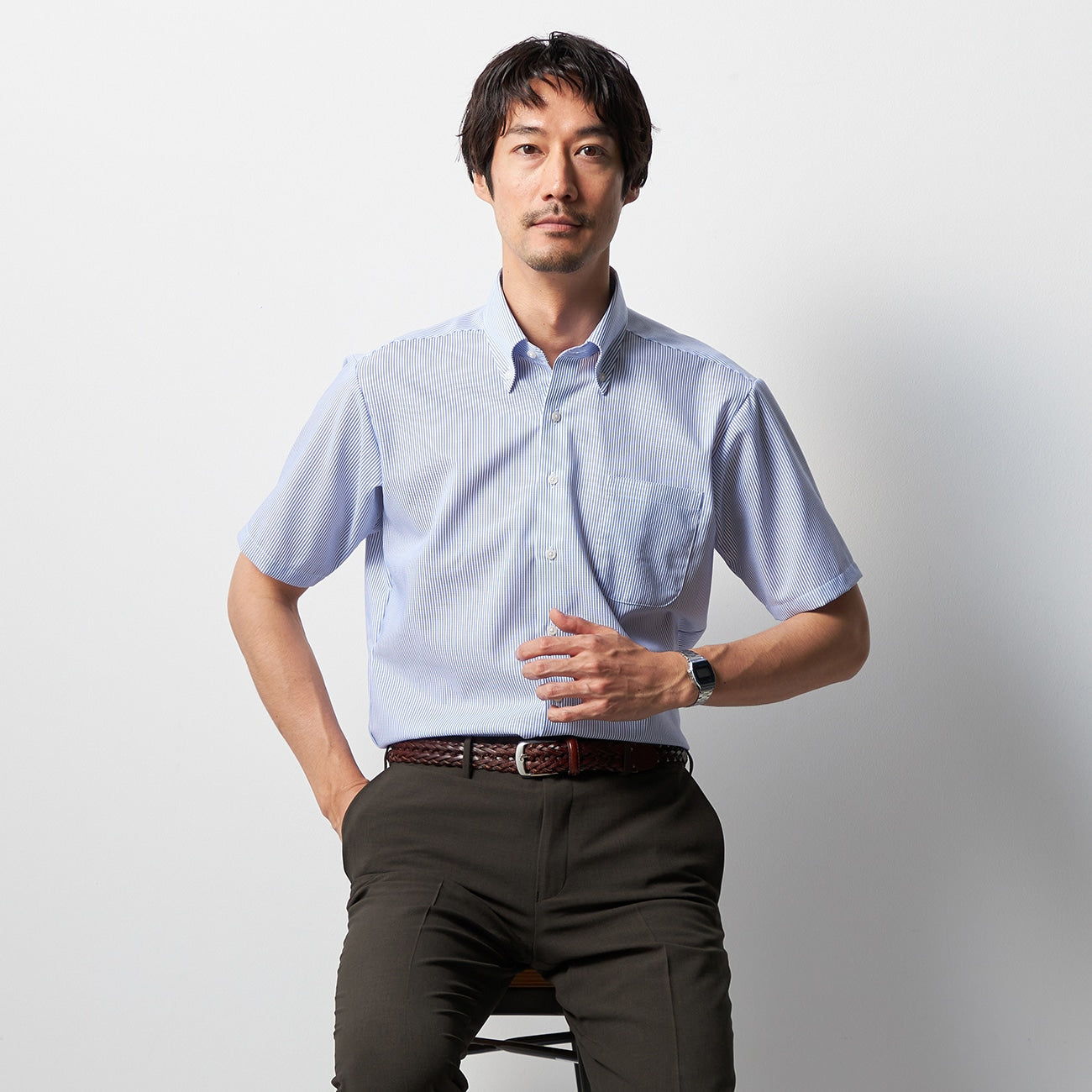 Super Cool Non-iron Button-down Short Sleeve Stripe Shirt - Blue_06