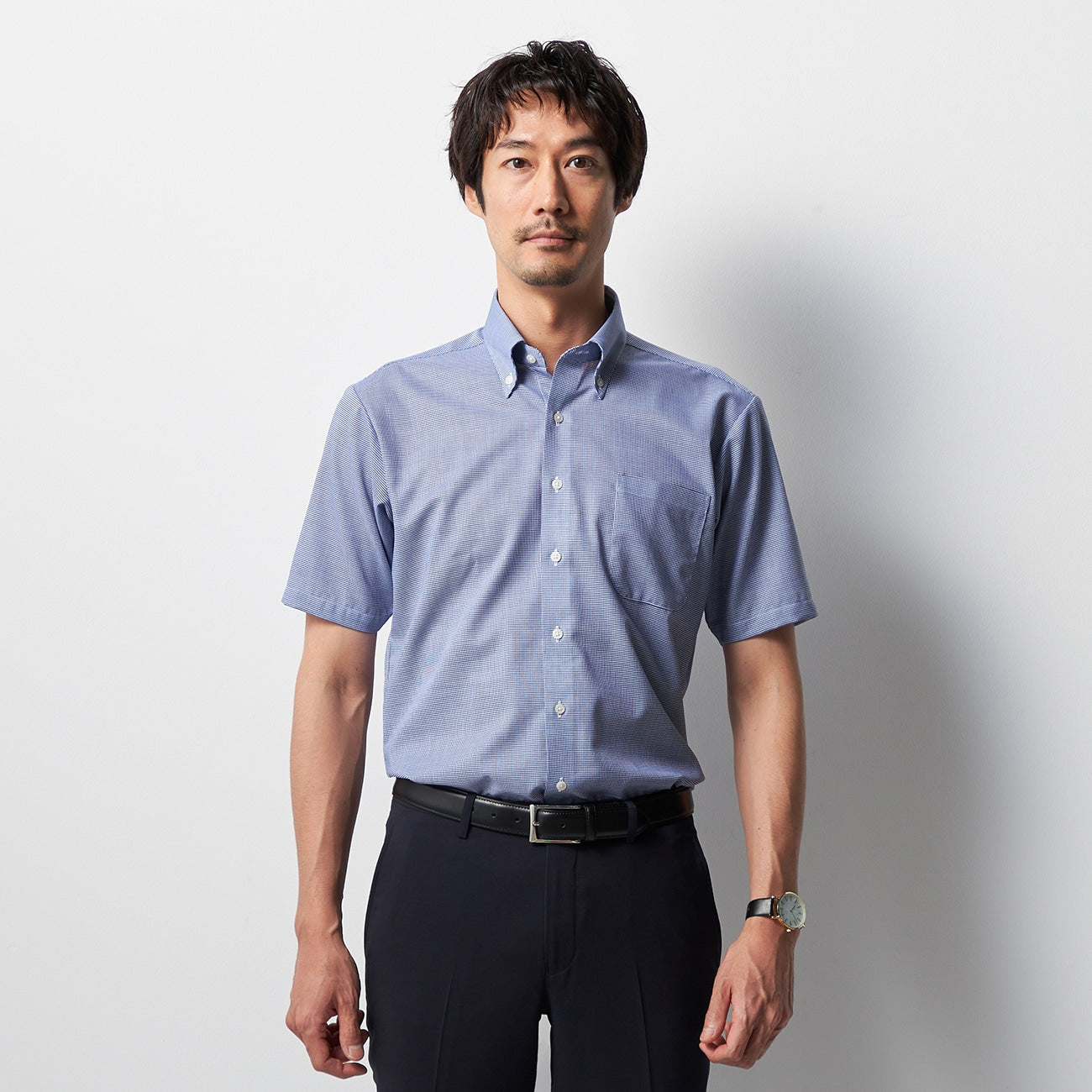 Super Cool Non-iron Button-down Short Sleeve Check Shirt - Navy_05