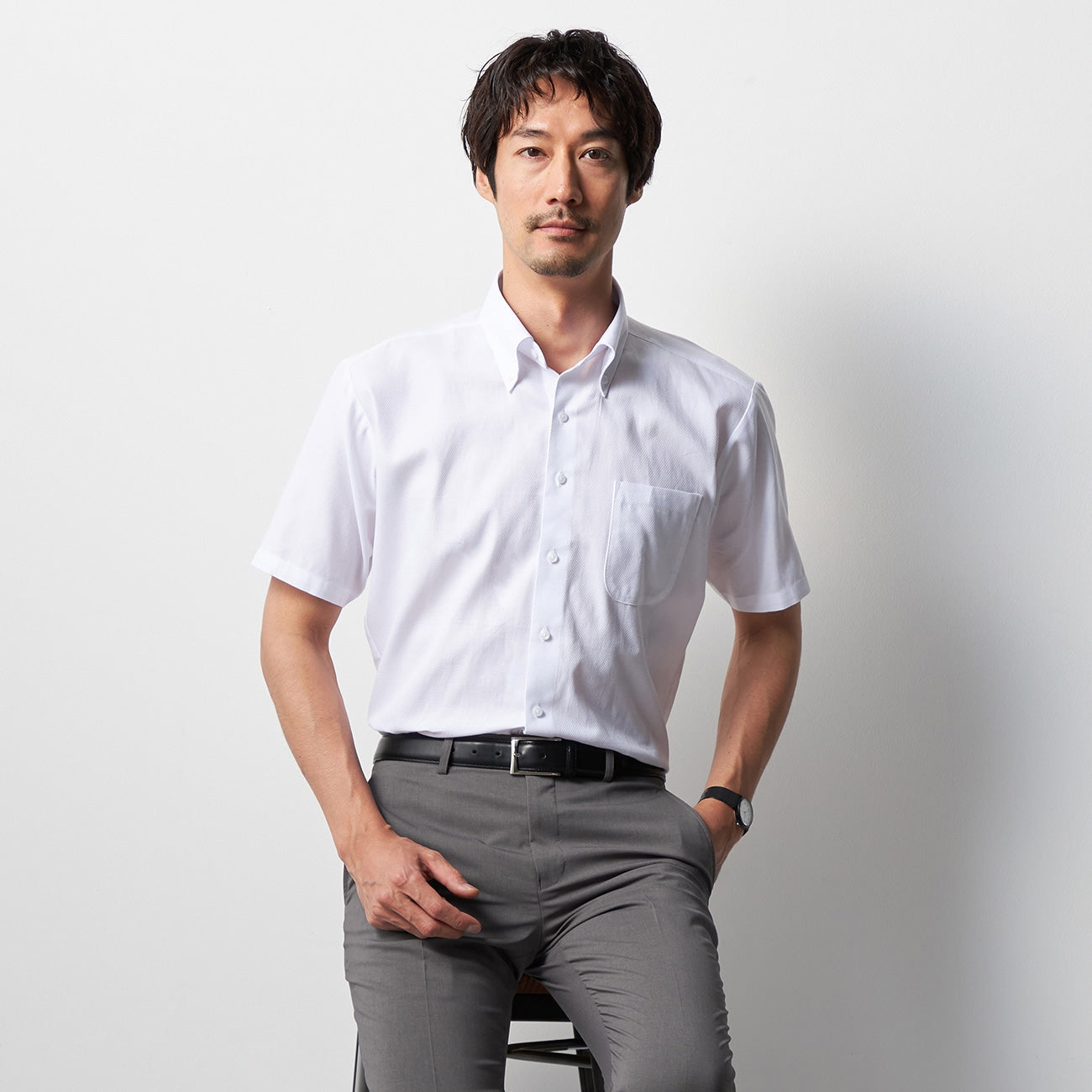 Super Cool免熨烫 棉质钮扣领衬衫 Short 衬衫 - White_05