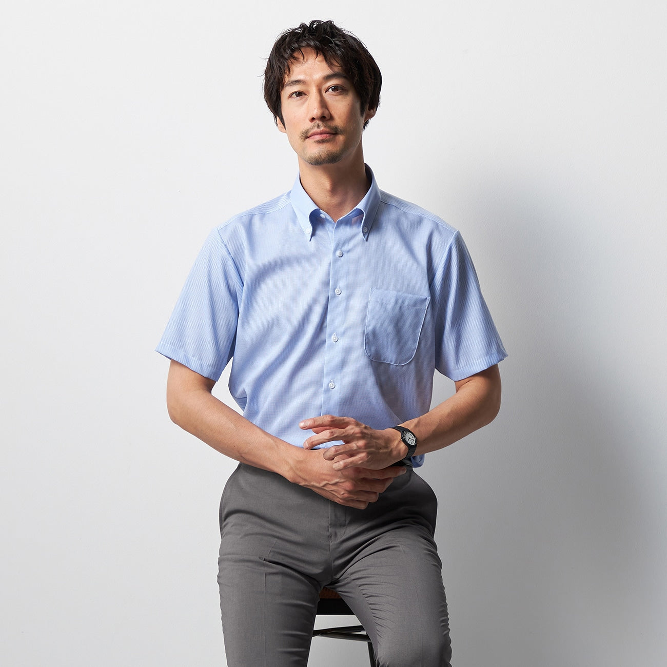 Super Cool Non-iron Cotton Button-down Short Sleeve Shirt - Blue_05