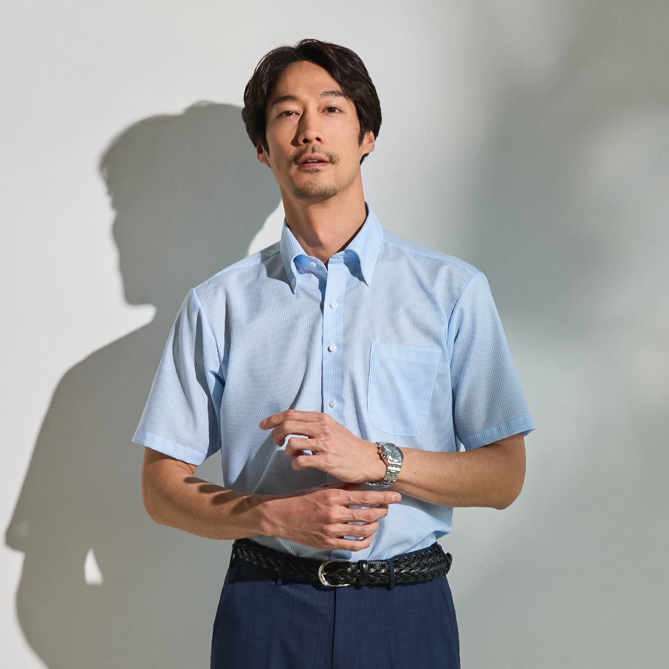 Super Cool Non-iron Cotton Short Sleeve Button-down Stripe Shirt - Blue_06