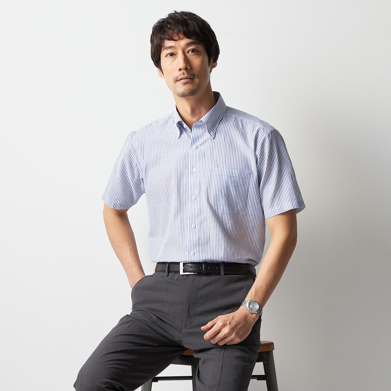 Super Cool Non-iron Cotton Button-down Stripe Shirt - Navy_05