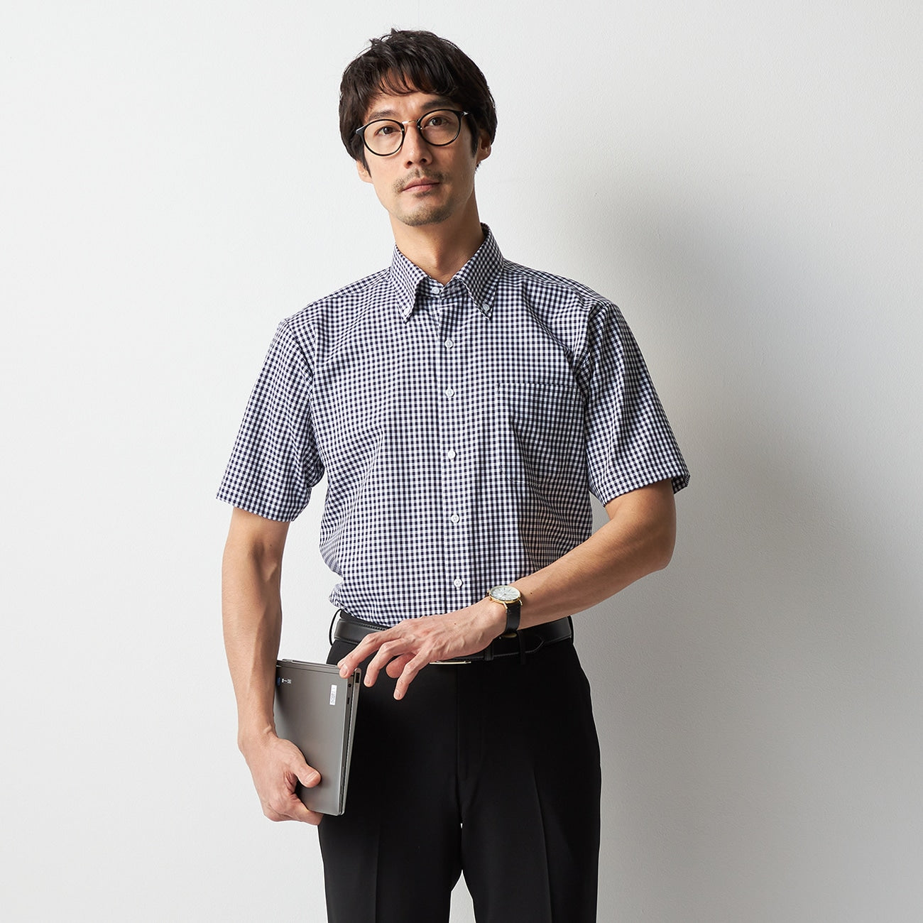 Super Cool Non-iron Cotton Short Sleeve Button-down Check Shirt - Navy_06