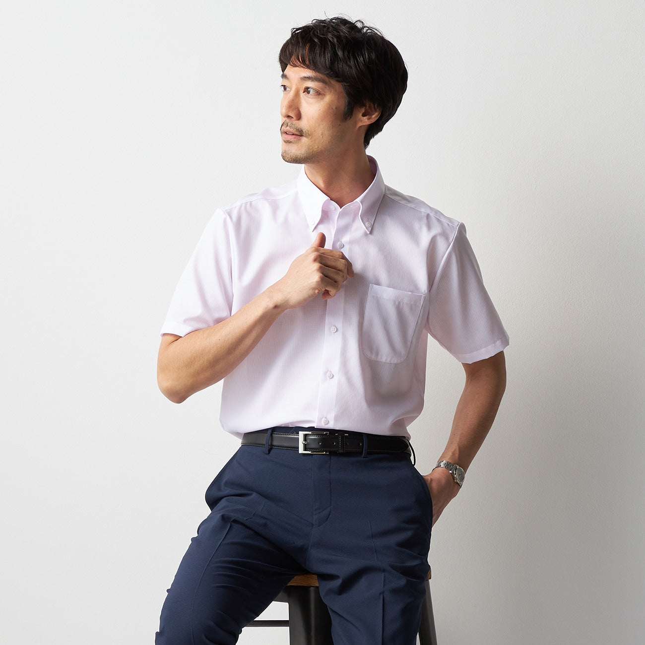 Super Cool Non-iron Cotton Short Sleeve Button-down Stripe Shirt - Pink_05