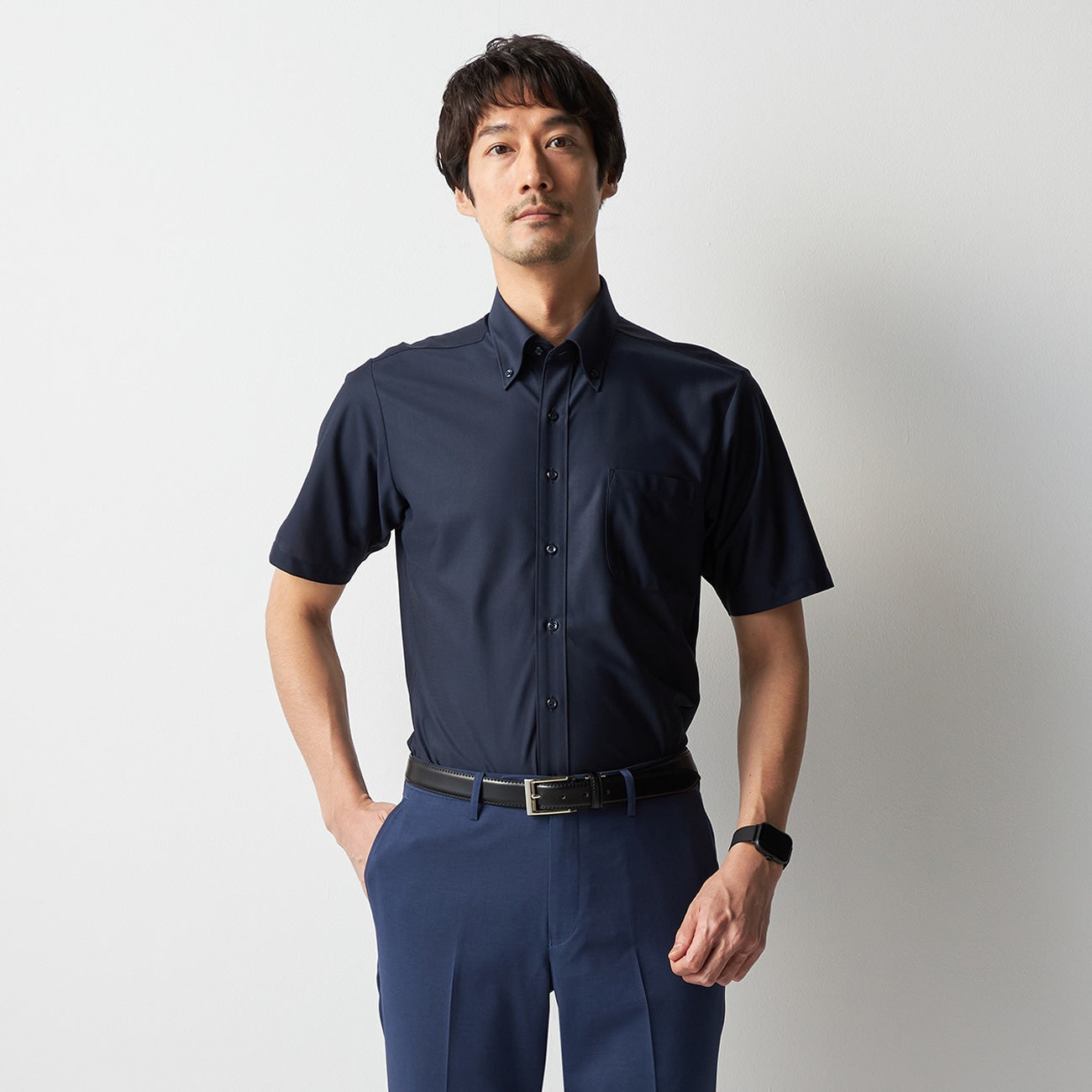 Super Cool Non-iron Button-down Short Sleeve Shirt - Navy_05