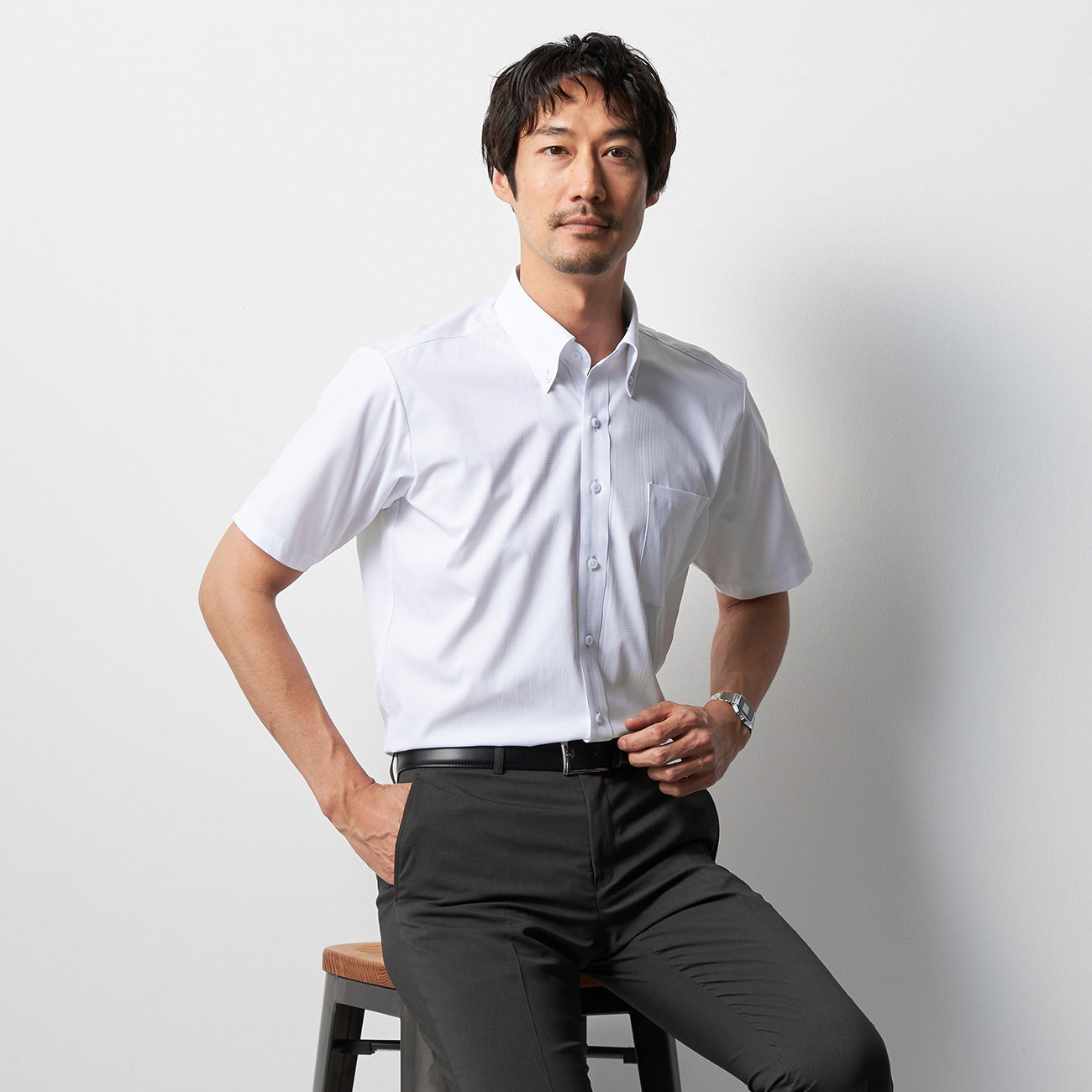 超凉感免烫钮扣领短袖衬衫 白_05