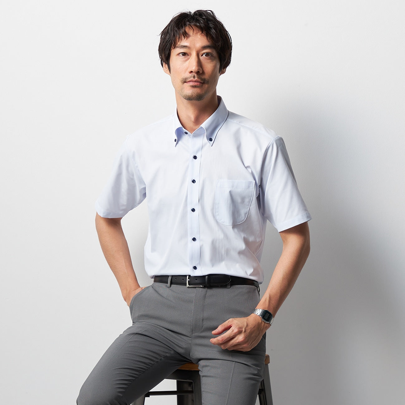 超凉感免烫钮扣领短袖衬衫 蓝_05