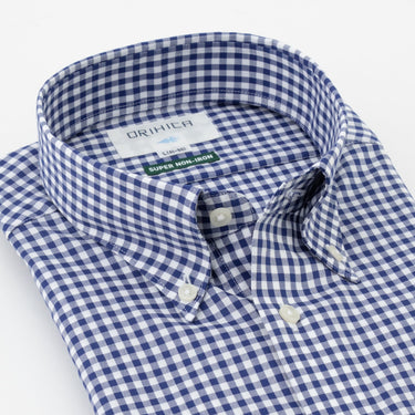 Super Non-iron Cotton Button-down Gingham Shirt - Navy_08