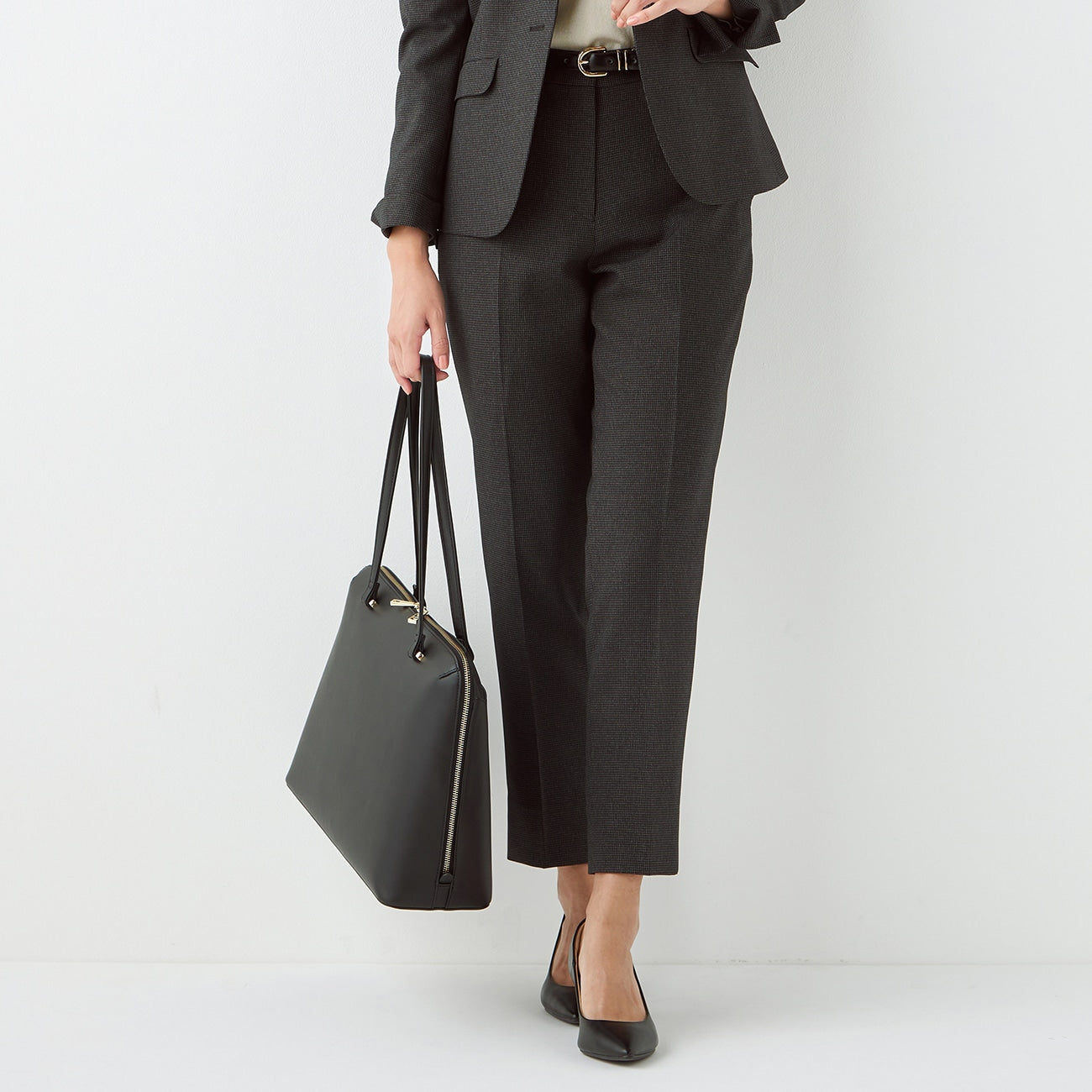 Washable Stretch Houndstooth Cropped Pants - Charcoal Gray_12