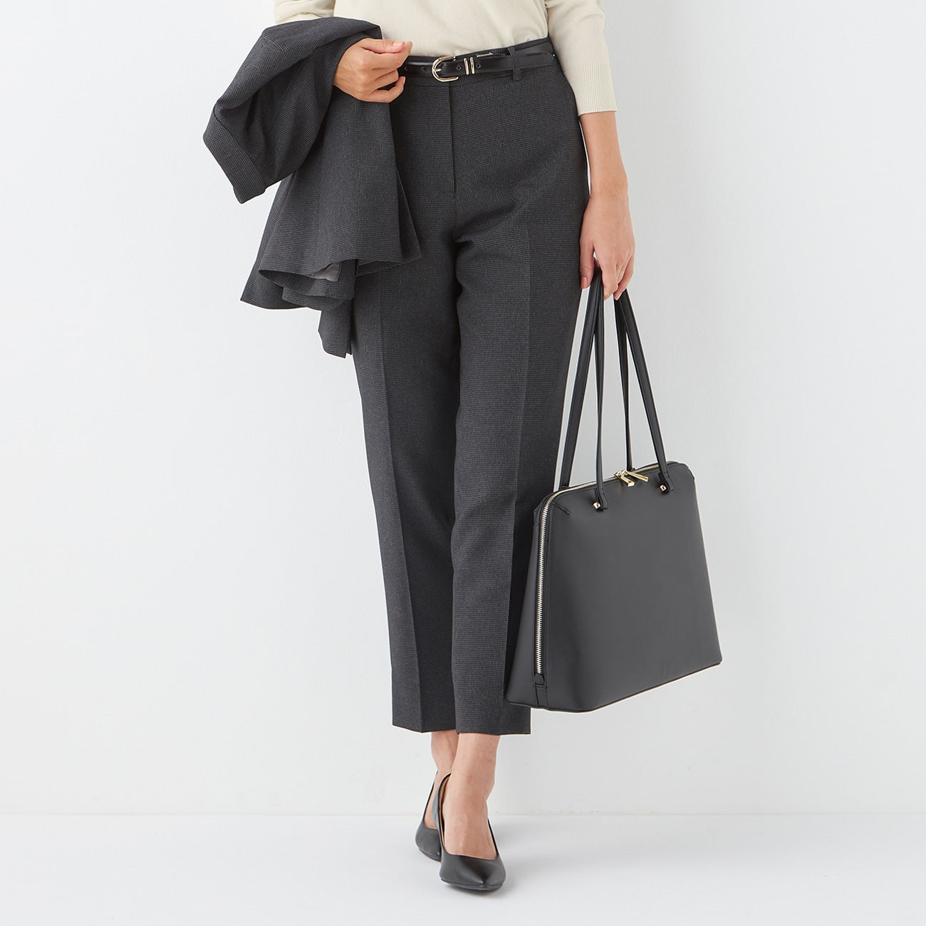 Washable Stretch Houndstooth Cropped Pants - Charcoal Gray_13