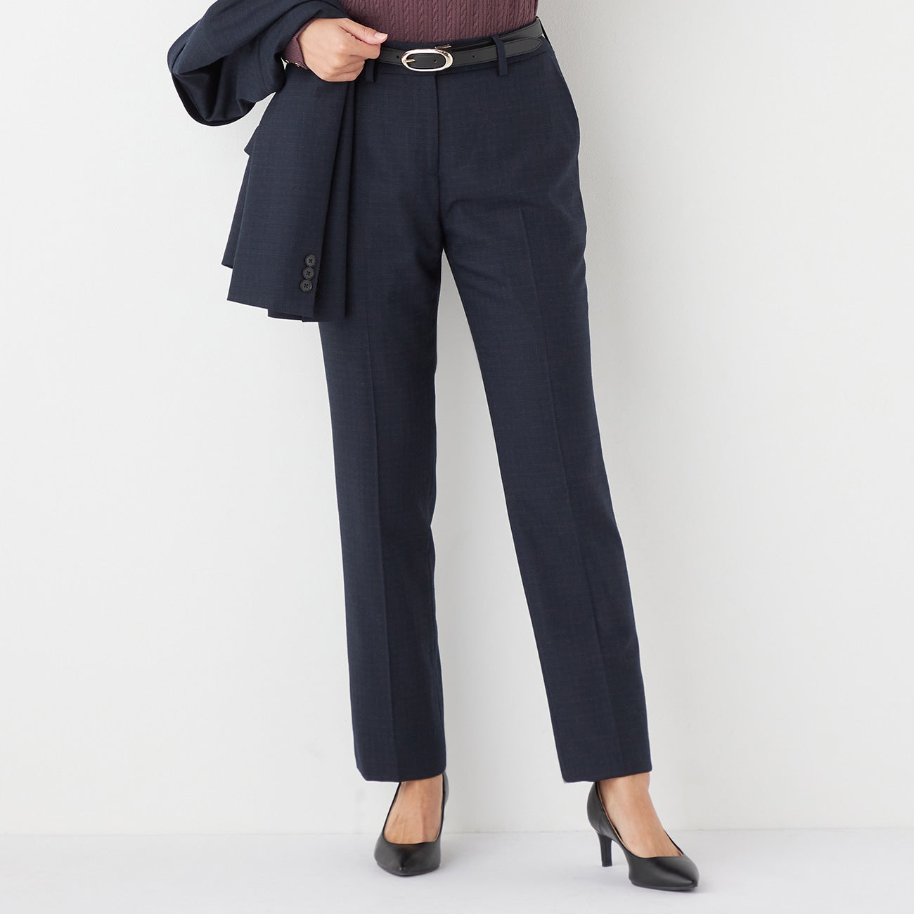 Washable Stretch Wool Milled Check Tapered Pants - Navy_16