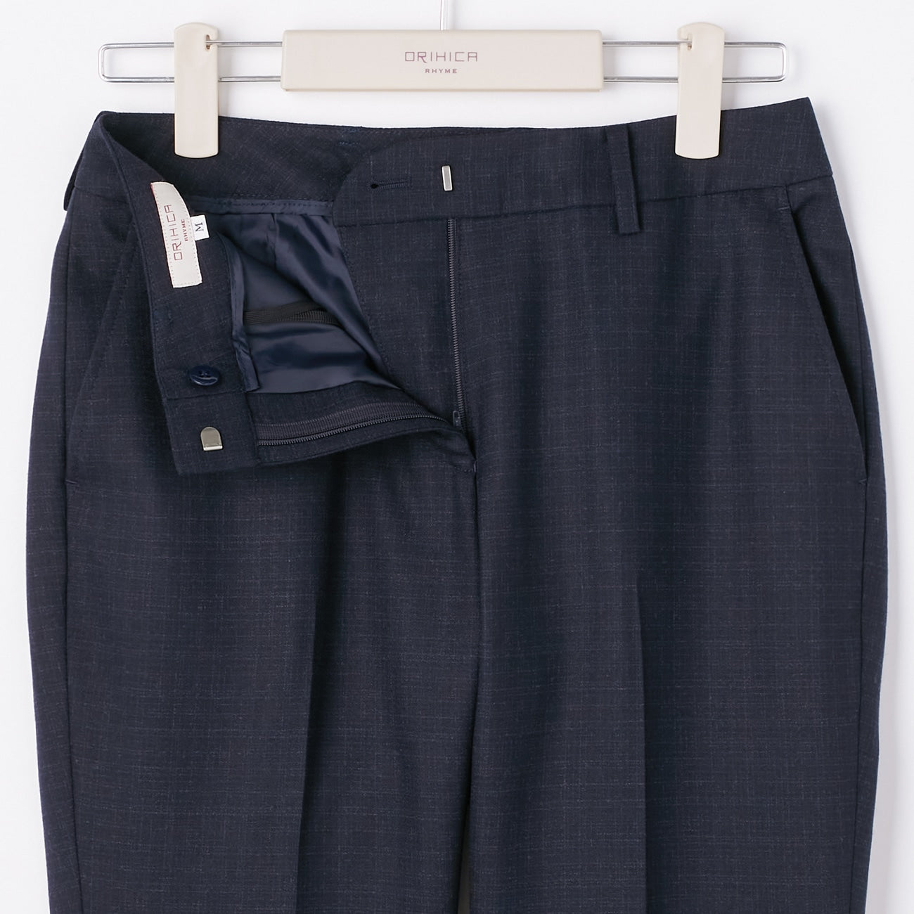 可机洗弹力羊毛磨毛格纹锥形裤 -深蓝