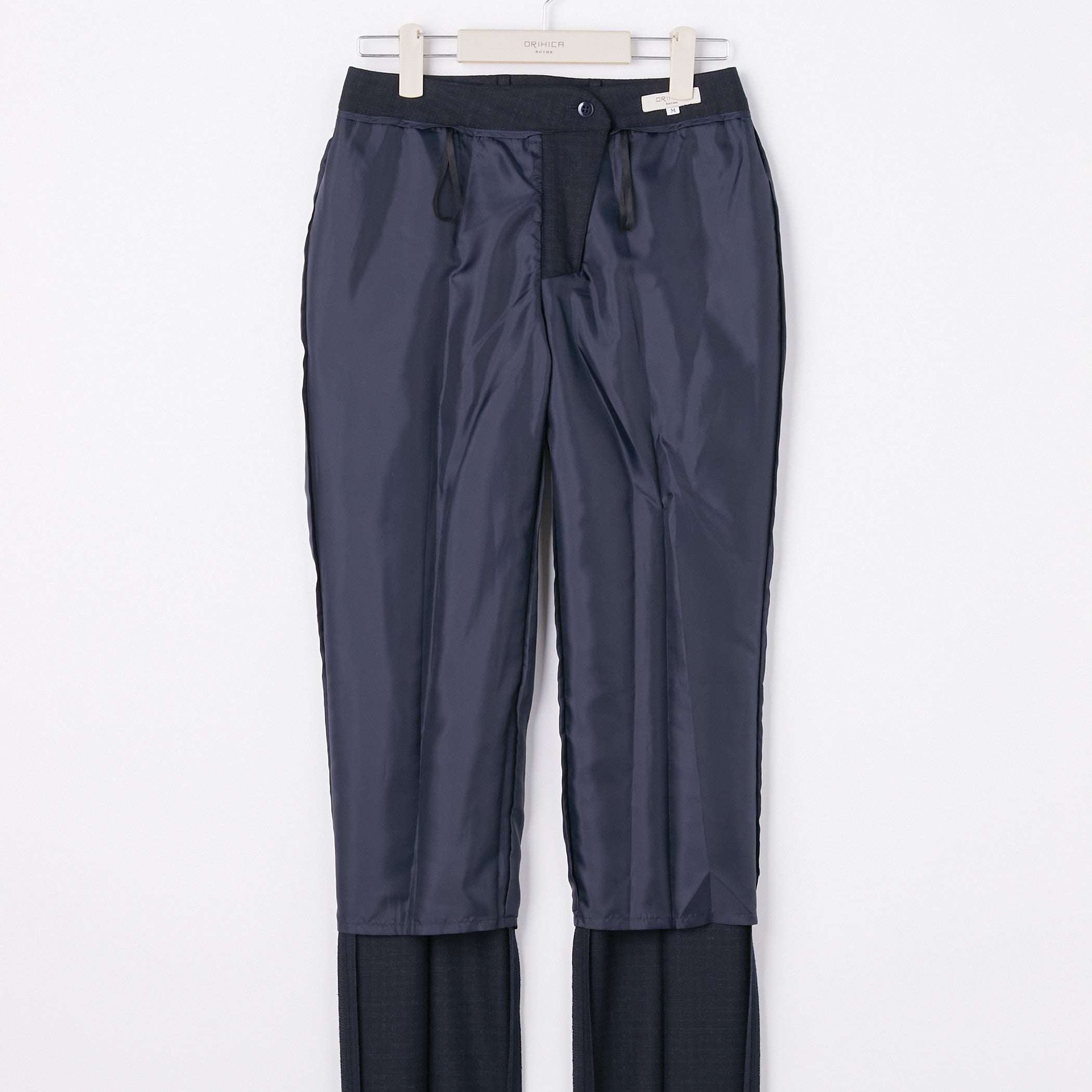 可机洗弹力羊毛磨毛格纹锥形裤 -深蓝