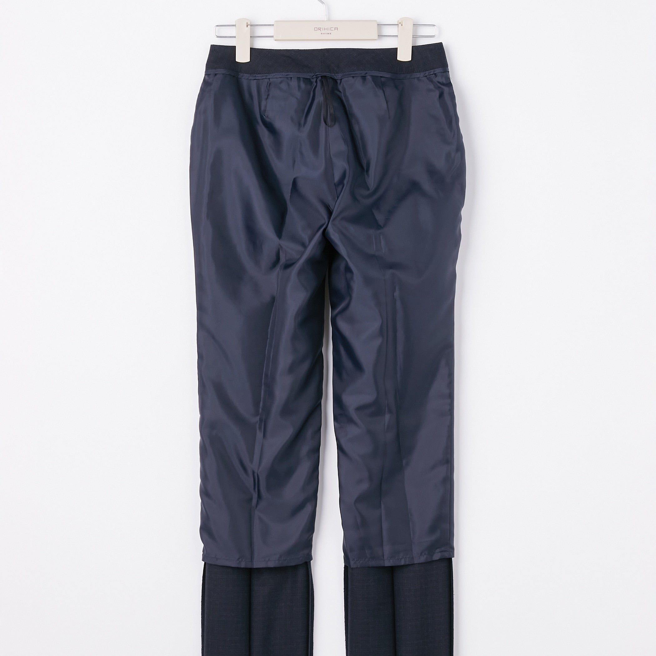 可机洗弹力羊毛磨毛格纹锥形裤 -深蓝