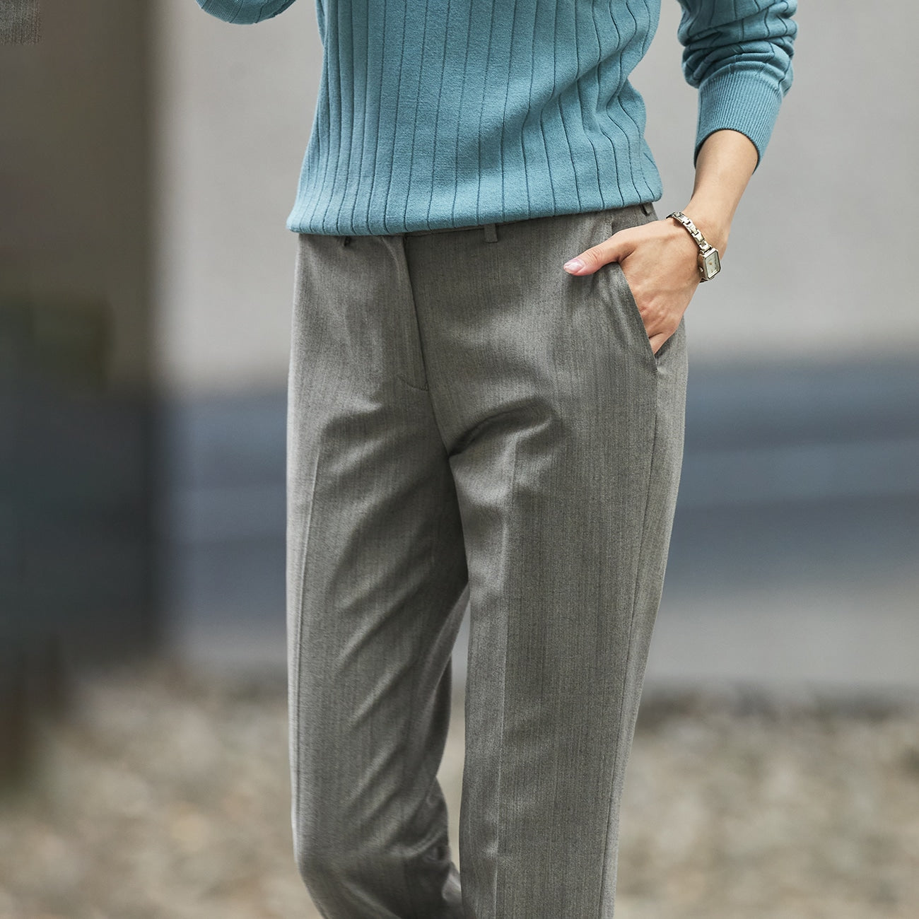 可机洗弹力羊毛磨毛鱼骨纹 锥形裤 - 米色_25