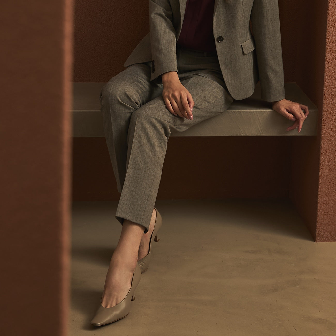 Washable Stretch Wool Milled Herringbone Tapered Pants - Beige_23