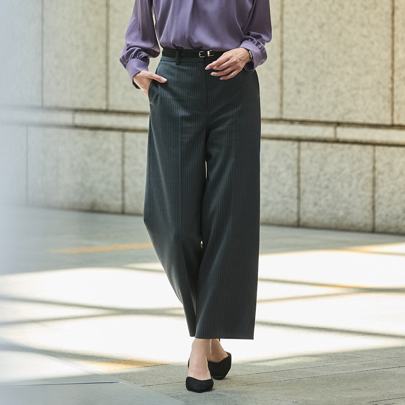 LUXE Line REDA Stripe Wide Pants - Medium Gray_16
