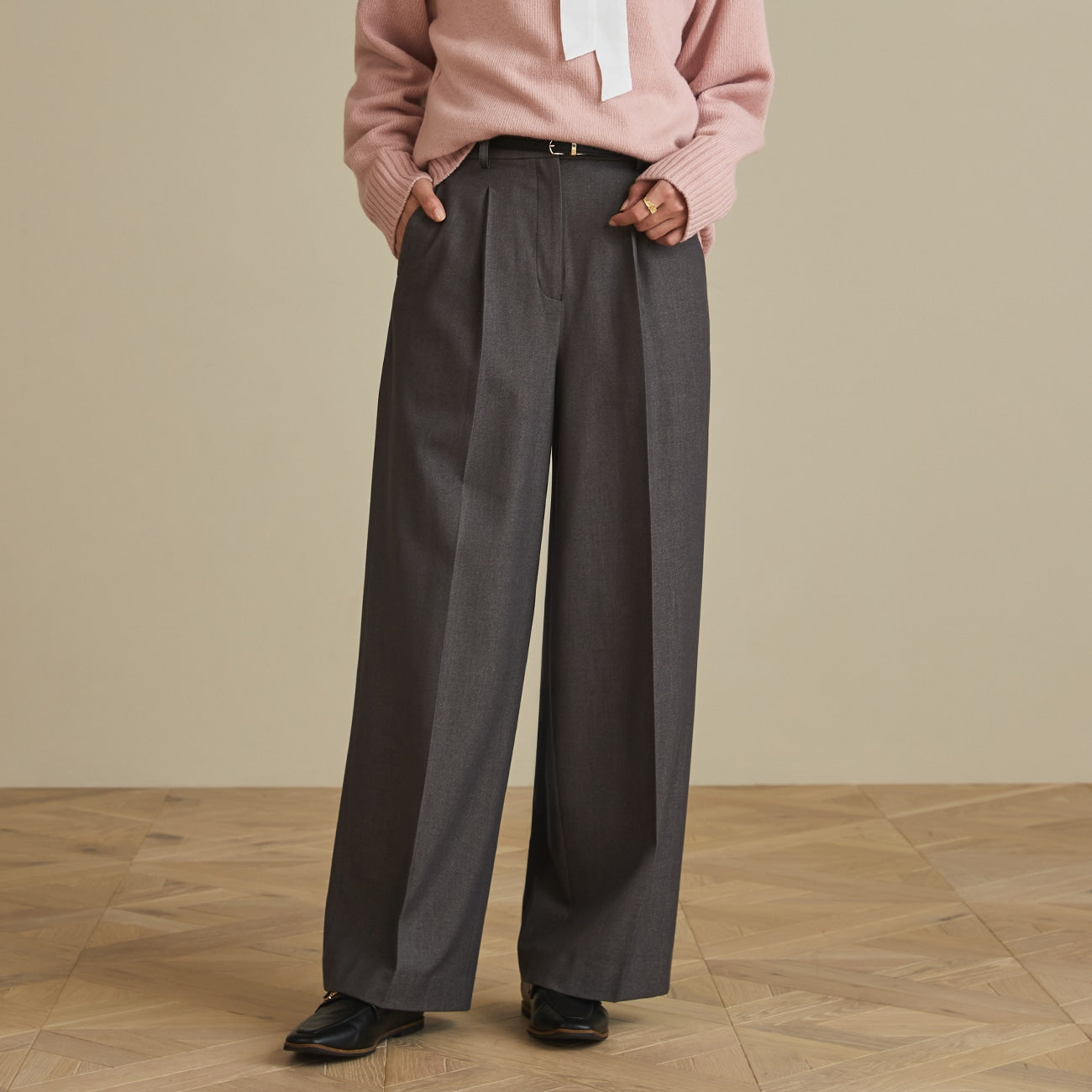 Flamingo Pleated Wide Pants - Gray Beige_12