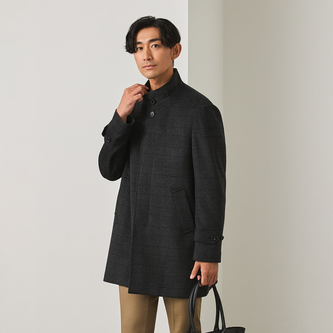Business Casual Check Stand Collar Coat - Gray_12